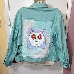 Distressed denim jacket cat graphic button down flower power 😺